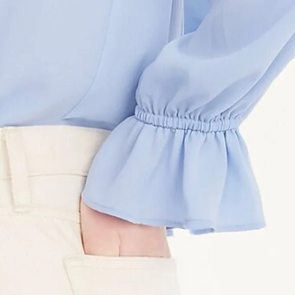 J.Crew Women’s Drapey Blue ruffle tie-neck top - Size Medium - Picture 3 of 14